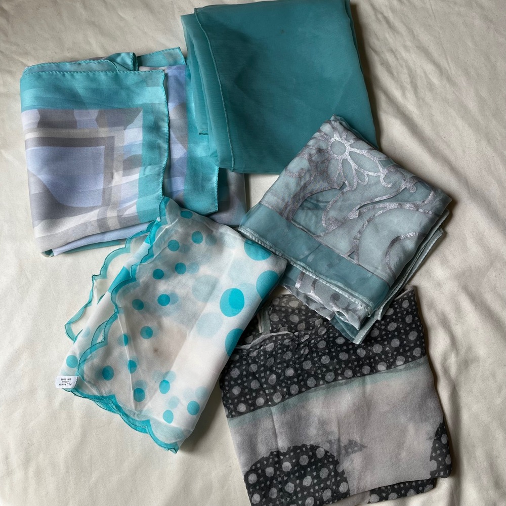 Vintage Scarf Lot of 5 Aqua Blue Gray Rayon Sheer Floral Polka Dot Abstract